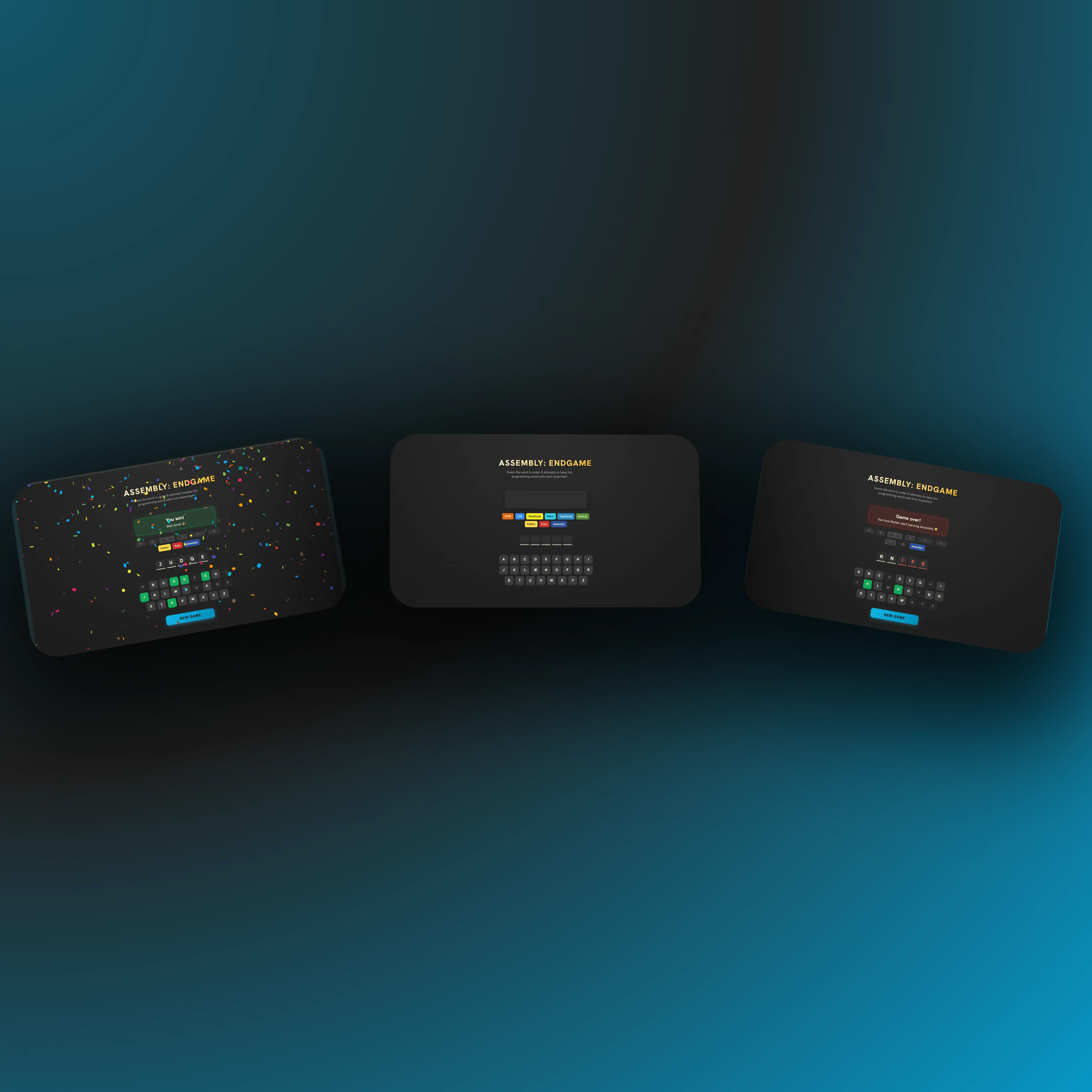 Architectural representation of Assembly: Endgame: A digital interface showing a word-guessing game with glowing programming language chips and a retro-futuristic terminal aesthetic
