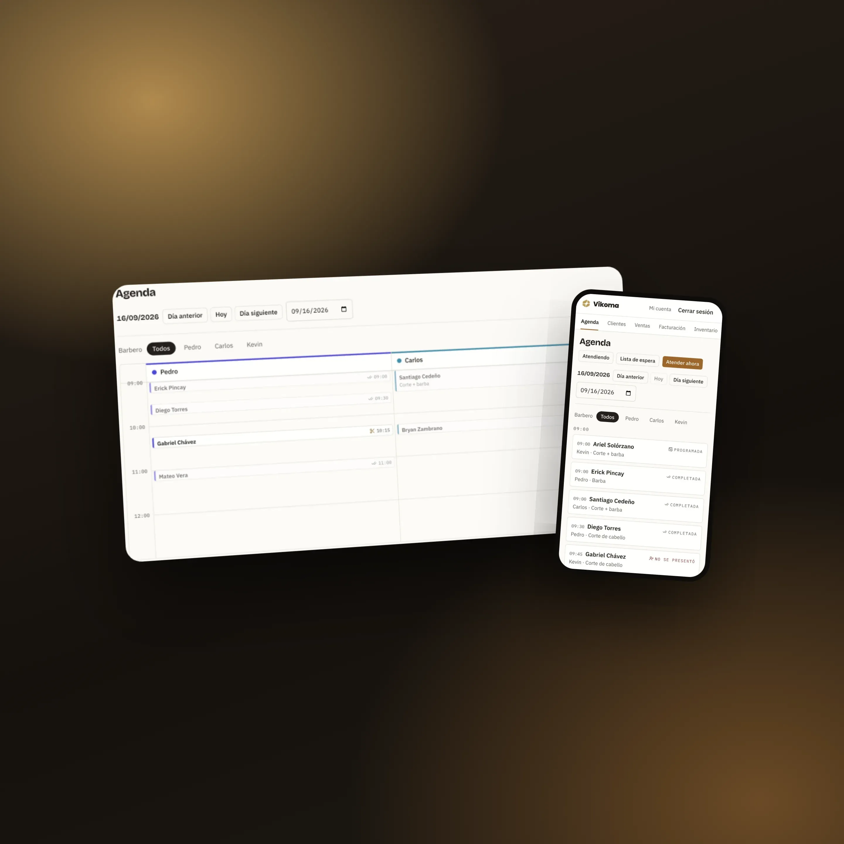 Vikoma agenda in Spanish, shown on a wide desktop screen with one column per professional and on a phone as a list of appointments.